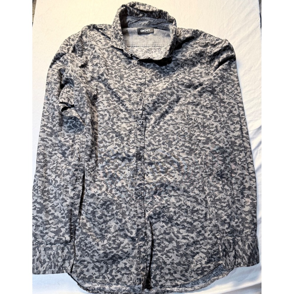 DKNY Mens Grey Camo Abstract Print Long Sleeve Button Down Shirt Size L